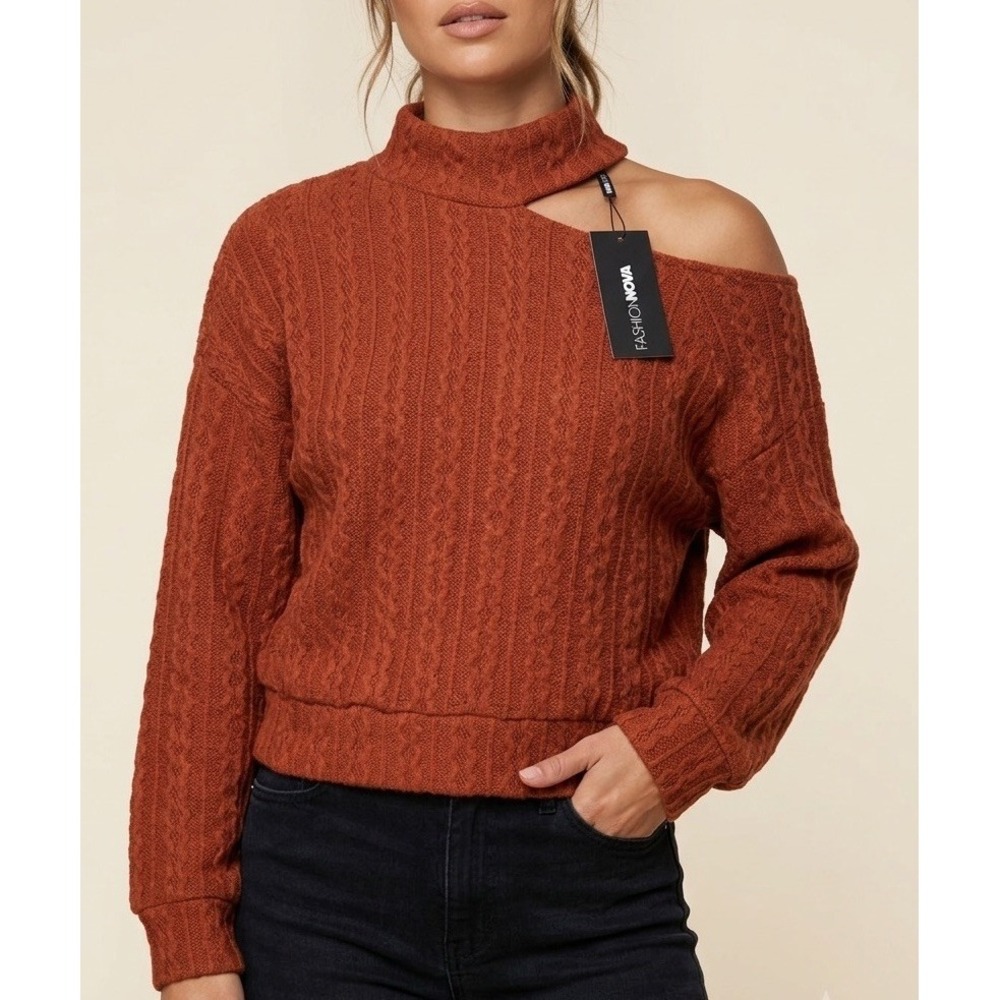 NWT Fashion Nova Cut Me Off Sweater Womens XL Rust Orange Cable Knit Cutout Mock